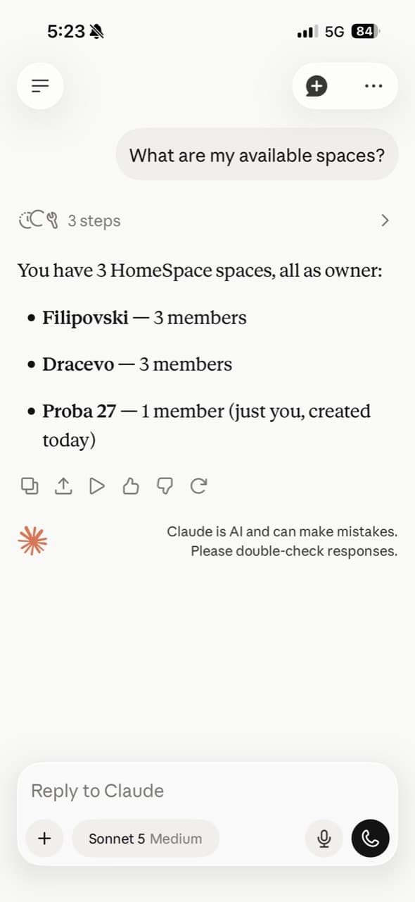 Claude listing three available DenarWise spaces